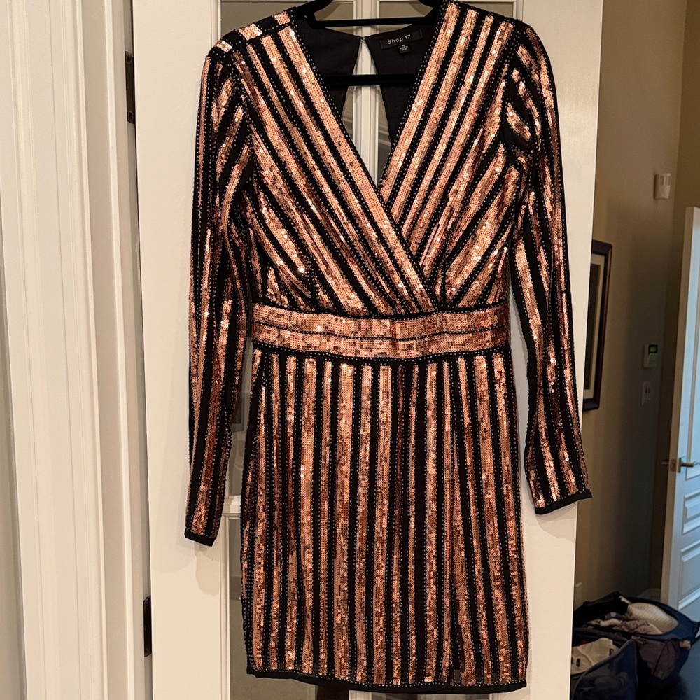 Black and Rose Gold Sequin Wrap Dress